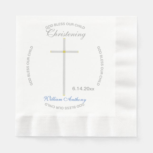 Serviette En Papier Silver Cross Christening Blue Baby Name (Devant)