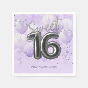 Serviette En Papier Silver Foil Sweet 16 Ballons Anniversaires Lavande
