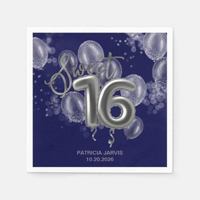 Serviette En Papier Silver Foil Sweet 16 Ballons d'anniversaire Royal  (Devant)