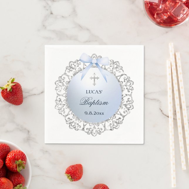 Serviette En Papier Silver Glitter Frame Blue Bow Baptism (En situation)