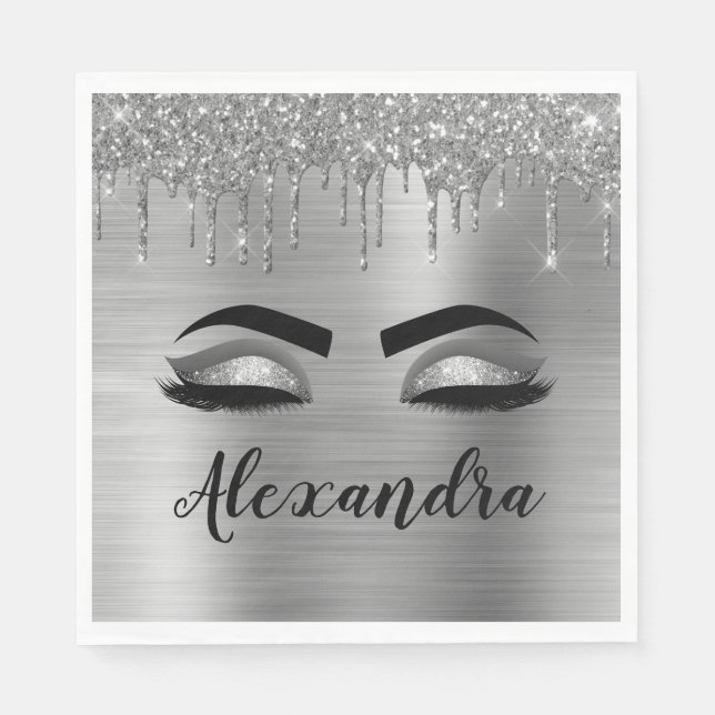 Serviette En Papier Silver Glitter Sparkle Eyelashes Monogram (Devant)