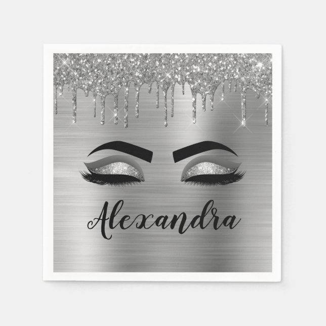 Serviette En Papier Silver Glitter Sparkle Eyelashes Monogram (Devant)