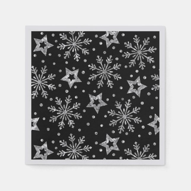 Serviette En Papier Silver Glitter Stars & Snowflakes Napkins (Devant)