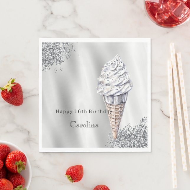 Serviette En Papier Silver Glitter Vanilla Ice Cream Cone Birthday (En situation)
