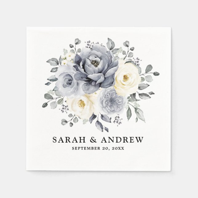 Serviette En Papier Silver Grey Ivory Floral hiver Rustique Mariage (Devant)