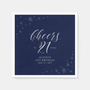 Serviette En Papier Silver & Navy Blue Cheers 21e fête d'anniversaire