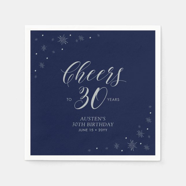 Serviette En Papier Silver & Navy Blue Cheers 30e fête d'anniversaire (Devant)