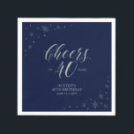 Serviette En Papier Silver & Navy Blue Cheers 40th Birthday Party<br><div class="desc">Ajoutez des détails à votre fête du 40e anniversaire avec cette serviette en papier personnalisée. Ce design présente une typographie argentée chic et des graphiques brillants sur un arrière - plan bleu marine foncé. Vous pouvez customiser le texte et la couleur arrière - plan. Les invitations et les fournitures de...</div>