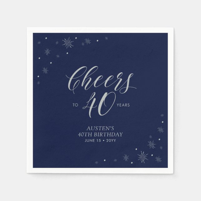 Serviette En Papier Silver & Navy Blue Cheers 40th Birthday Party (Devant)