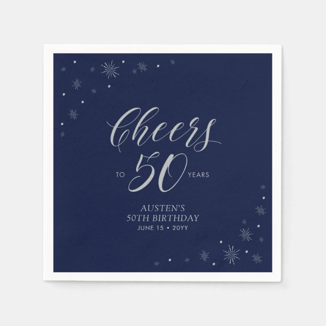 Serviette En Papier Silver & Navy Blue Cheers 50e fête d'anniversaire (Devant)