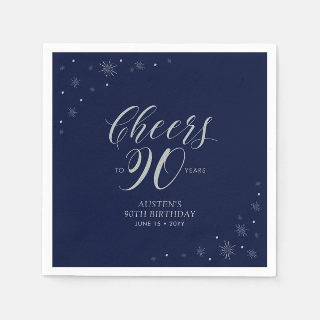 Serviette En Papier Silver & Navy Blue Cheers 90e fête d'anniversaire (Devant)