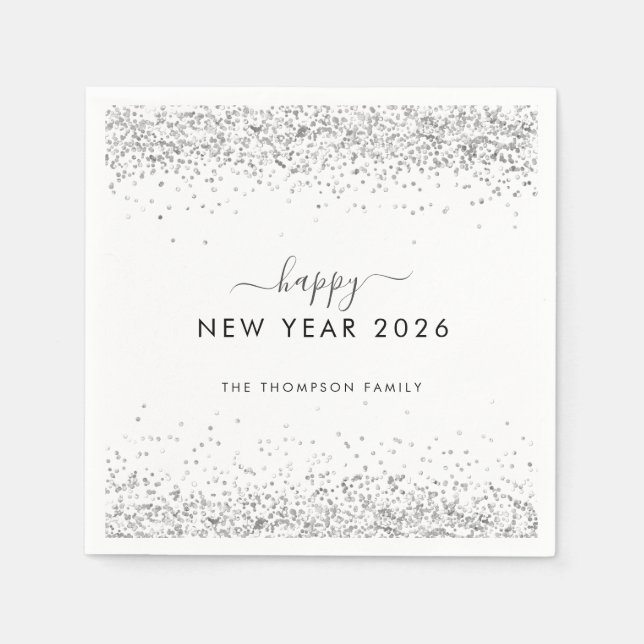 Serviette En Papier Silver Nom de la Parties scintillant White Happy N (Devant)