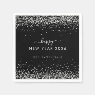 Serviette En Papier Silver Parties scintillant Nom Black Happy New Yea