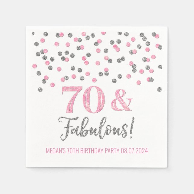 Serviette En Papier Silver Pink Confetti 70 & Fabulous (Devant)