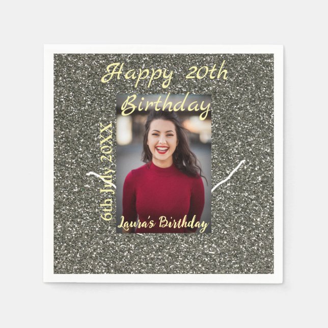 Serviette En Papier Silverglitter photo 20e anniversaire ajouter nom d (Devant)