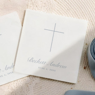 Serviette En Papier Simple Baptême Croix Bleu Poussiéreux Écriture