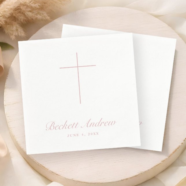 Serviette En Papier Simple Baptême Rose Poussiéreuse Écriture Croix (Simple Dusty Pink Cross Script Baptism, Christening or First Holy Communion Napkins.)