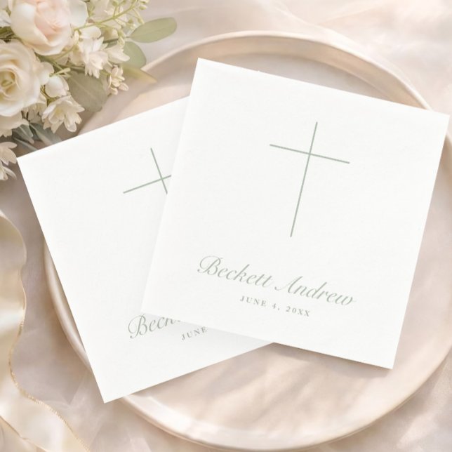 Serviette En Papier Simple Baptême Vert Sauge Écriture Croix (Simple Sage Green Cross Script Baptism, Christening or First Holy Communion Napkins.)