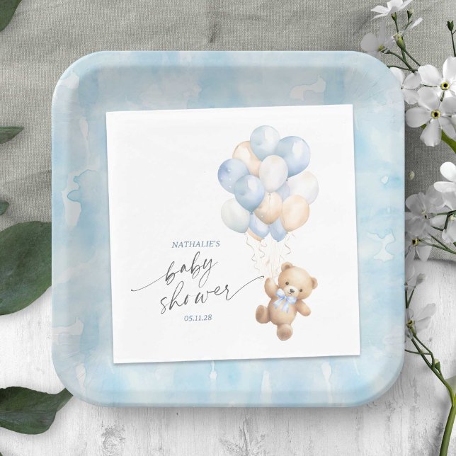 Serviette En Papier Simple Bearly wait Teddy Bear Bleu Ballons Douche (Blue We Can Bearly Wait, Teddy Bear Themed Baby Boy Shower Napkin.)