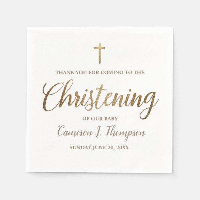 Serviette En Papier Simple Bébé Christening Gold Cross Script (Devant)