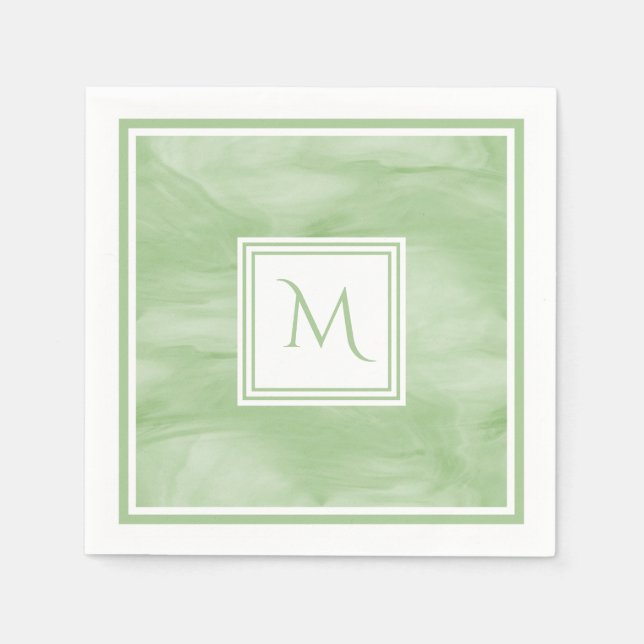 Serviette En Papier Simple clair vert subtil marbre moderne Monogramme (Devant)