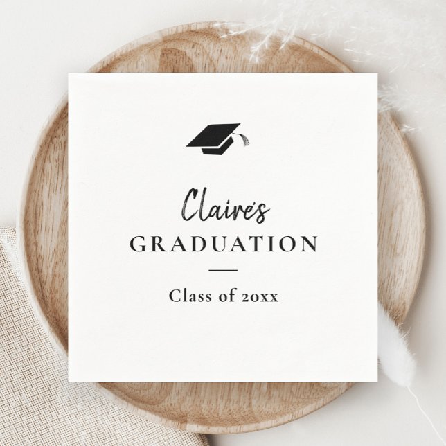 Serviette En Papier Simple Classique Diplômé  (Modern Handwritten Black and White Cap Graduation Party Napkins.)