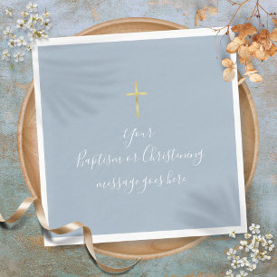 Serviette En Papier Simple Croix Dorée Baptême Christening Bleu Poussi
