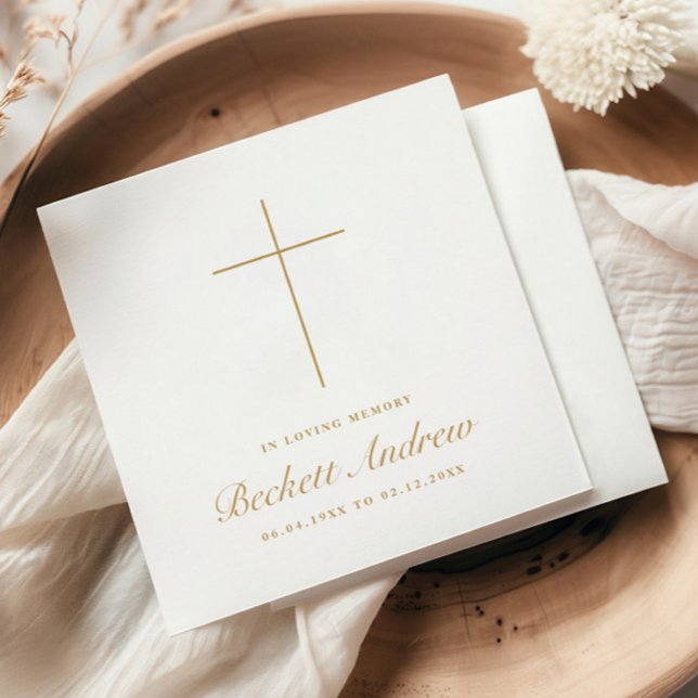 Serviette En Papier Simple Croix Or Écriture Funéraire Mémorial  (In lLoving Memory Simple Cross Memorial Funeral Napkin.)