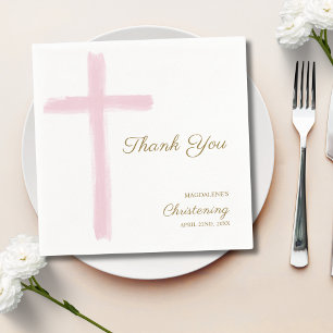 Serviette En Papier Simple Croix Rose Merci Baptême
