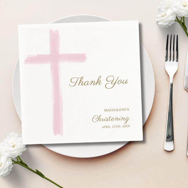 Serviette En Papier Simple Croix Rose Merci Baptême  (Créateur téléchargé)