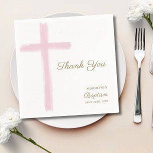 Serviette En Papier Simple Croix Rose Merci Baptême