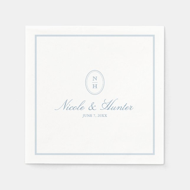 Serviette En Papier Simple Dusty Blue Monogram Crest Wedding (Devant)