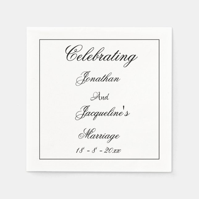 Serviette En Papier Simple Élégance Mariage Blanc Chic Écriture Noire (Devant)