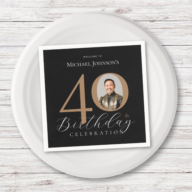Serviette En Papier Simple Elegant Black Gold Photo 40th Birthday (Simple Elegant Black Gold Photo 40th Birthday Napkins)