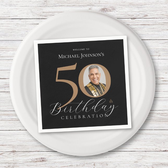 Serviette En Papier Simple Elegant Black Gold Photo 50e anniversaire (Simple Elegant Black Gold Photo 50th Birthday Napkins)