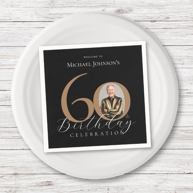 Serviette En Papier Simple Elegant Black Gold Photo 60e anniversaire (Simple Elegant Black Gold Photo 60th Birthday Napkins)