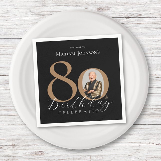 Serviette En Papier Simple Elegant Black Gold Photo 80e anniversaire (Simple Elegant Black Gold Photo 80th Birthday Napkins)