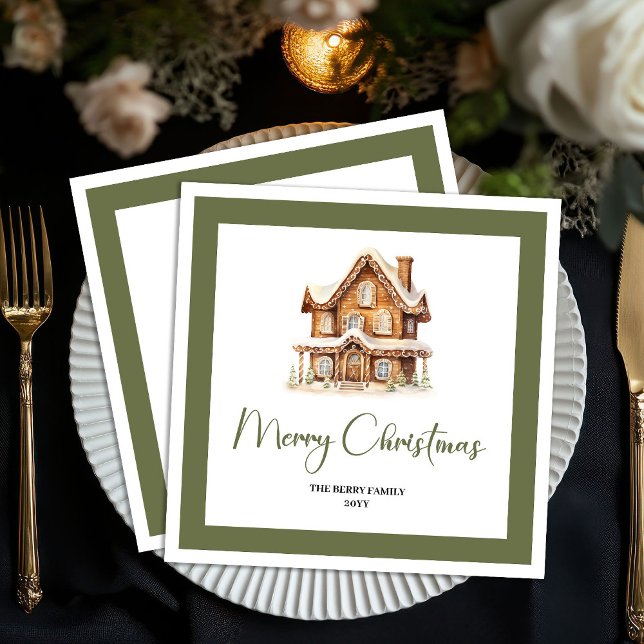 Serviette En Papier Simple Elegant Christmas House Custom Name Napkins (Simple Elegant Christmas House Custom Name Napkins)
