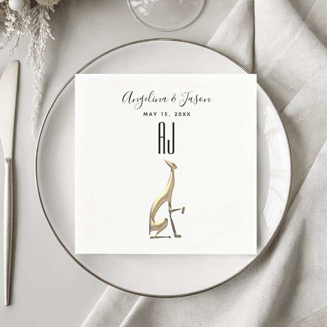Serviette En Papier Simple Elegant Gold Chien noir et blanc Mariage (Créateur téléchargé)
