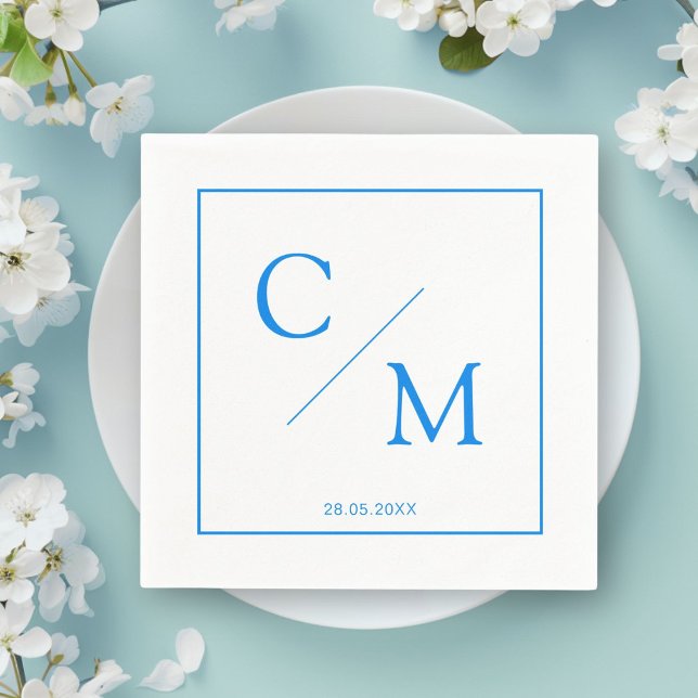 Serviette En Papier Simple Élégant Monogramme Blanc Bleu (Personalized Simple Elegant Monogram Napkin)