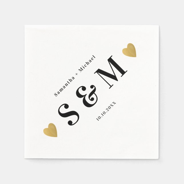 Serviette En Papier Simple Élégant Monogramme Cœurs Dorés Fête (Devant)