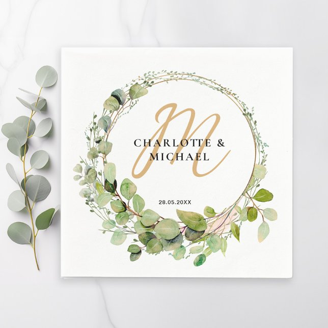 Serviette En Papier Simple, élégant, monogramme mariage eucalyptus (Créateur téléchargé)