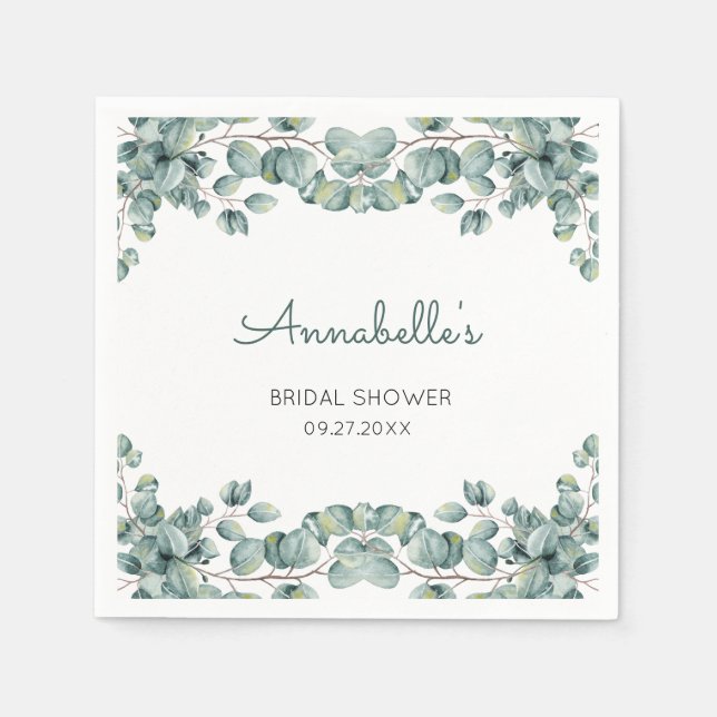 Serviette En Papier Simple Eucalyptus Vert Blanc Mariage  (Devant)