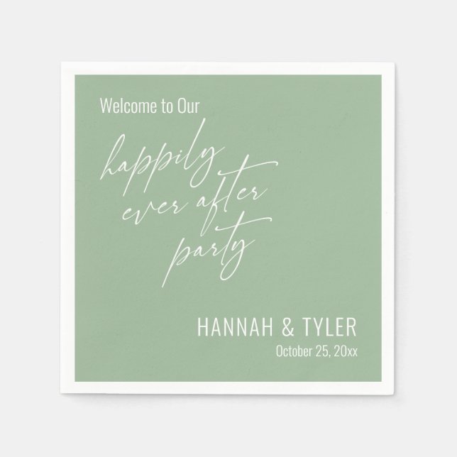 Serviette En Papier Simple Fête de Mariage Heureux Vert Sage (Devant)