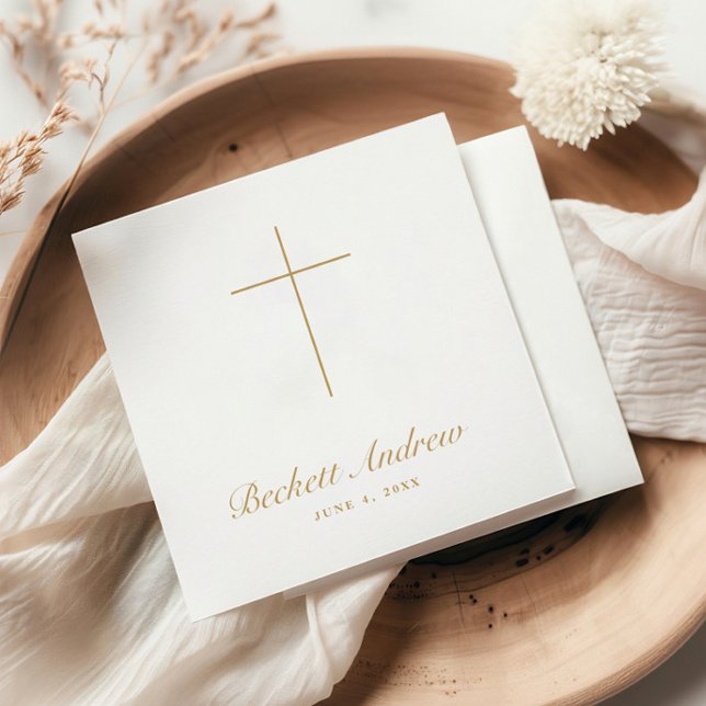 Serviette En Papier Simple Gold Cross Script Baptism (Simple Gold Cross Script Baptism, Christening or First Holy Communion Napkins.)