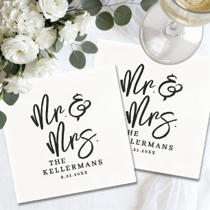 Serviette En Papier Simple Mariage Écriture Blanc Noir