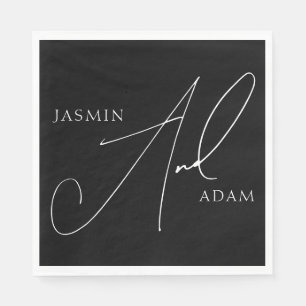 Serviette En Papier Simple Mariage Typographie Script Blanc Noir