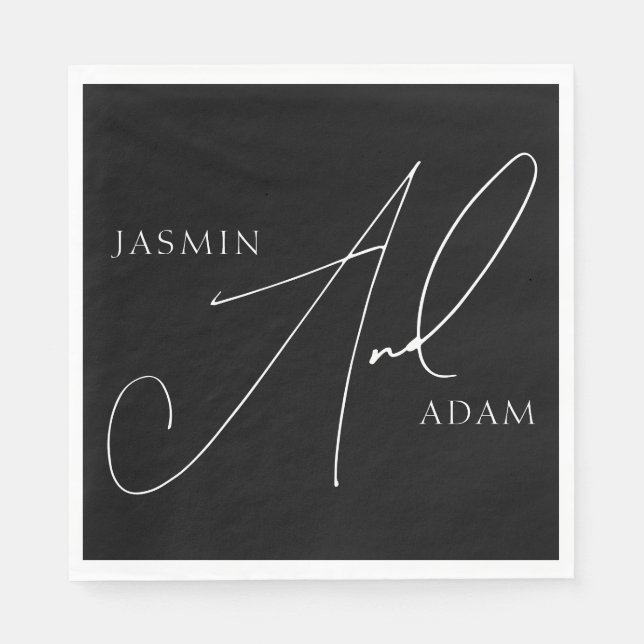 Serviette En Papier Simple Mariage Typographie Script Blanc Noir (Devant)