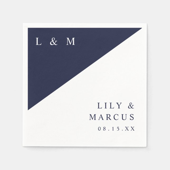 Serviette En Papier Simple Marine Bleu Blanc Élégant Mariage Monogramm (Devant)