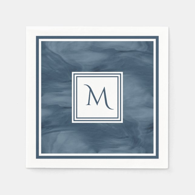 Serviette En Papier Simple Marine Bleu Marbre subtil Monogramme modern (Devant)